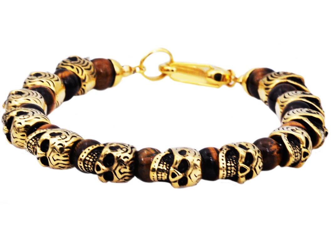 Men's Genuine Tiger Eye Gold Plated Stainless Steel Skull Beaded Bracelet