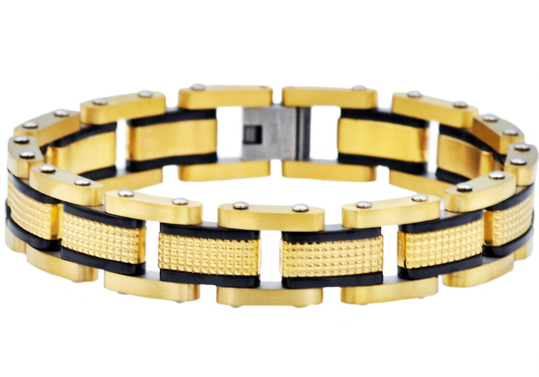 Men's Gold Plated Textured Stainless Steel Bracelet With Black Plated Lines