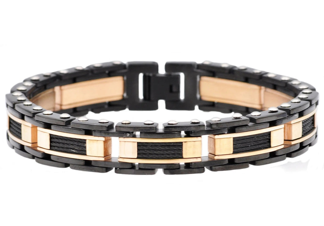 Men's Black And Rose Gold Plated Stainless Steel Bracelet With Black Plated Cables
