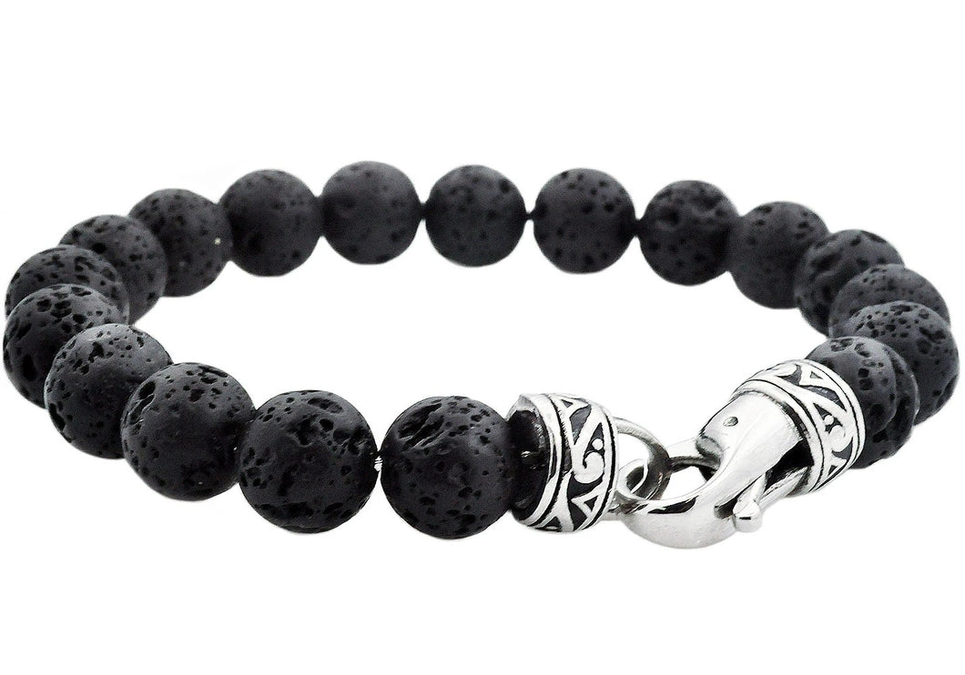 Men's Genuine 10MM Lava Stone Stainless Steel Beaded Bracelet