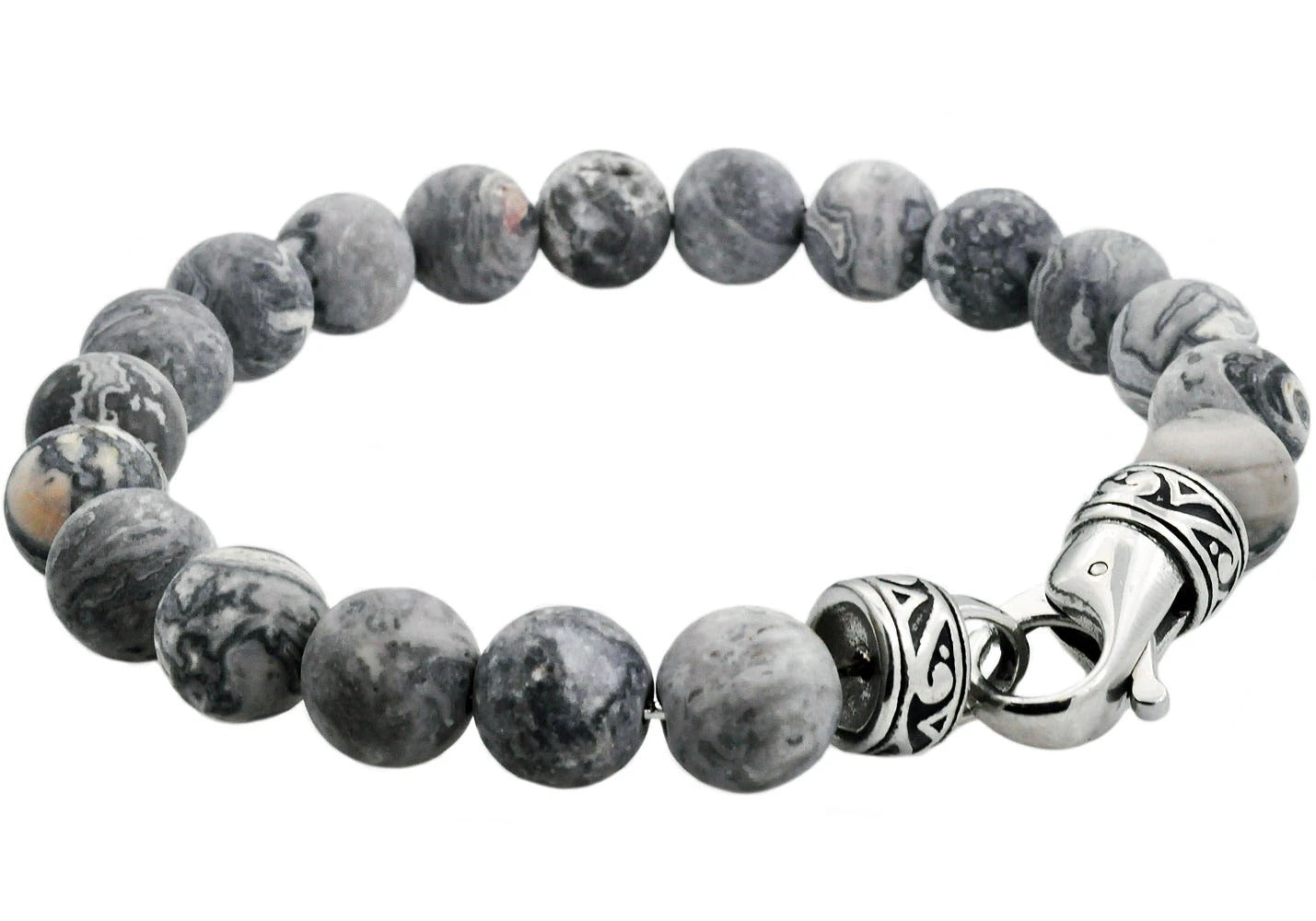 Men's Genuine 10MM Gray Jasper Stainless Steel Beaded Bracelet