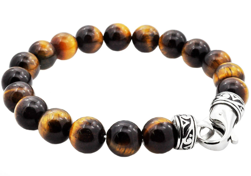 Men's Genuine Tiger Eye Stainless Steel Beaded Bracelet