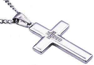 Men's Polished Stainless Steel Cross Pendant Necklace With Cubic Zirconia