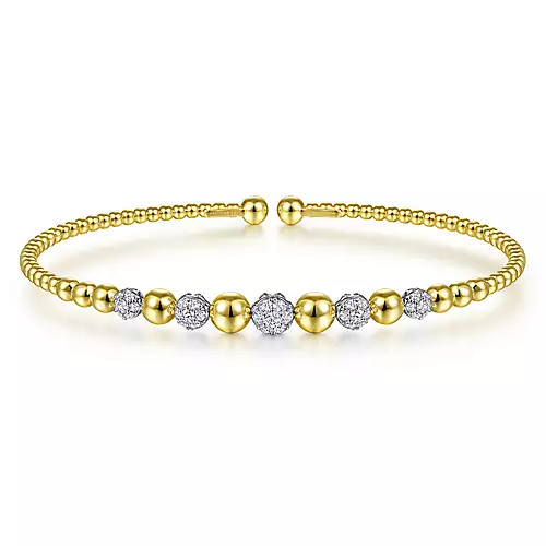 14K Gold Bujukan Bead Cuff Bracelet with 0.35 ct Pavé Diamond Stations, Available in White, Rose and Yellow Gold