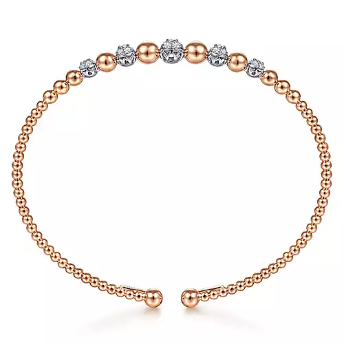14K Gold Bujukan Bead Cuff Bracelet with 0.35 ct Pavé Diamond Stations, Available in White, Rose and Yellow Gold