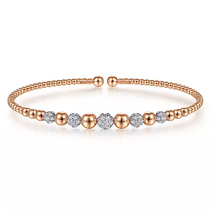 14K Gold Bujukan Bead Cuff Bracelet with 0.35 ct Pavé Diamond Stations, Available in White, Rose and Yellow Gold