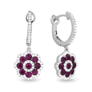 14k White Gold 0.99 ct Ruby and 0.32 ct Diamond Dangle Earrings