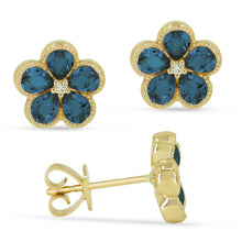 Load image into Gallery viewer, 14k Gold 1.96 Ct London Blue Topaz, 0.03 ct Diamond Flower Earring, Available in White and Yellow Gold
