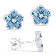 Load image into Gallery viewer, 14k Gold 1.96 Ct London Blue Topaz, 0.03 ct Diamond Flower Earring, Available in White and Yellow Gold
