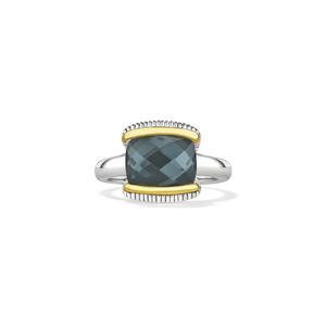 Judith Ripka Sterling Silver and 18k Gold Synthetic Blue Quartz and Hematite Ring, Size 7.0