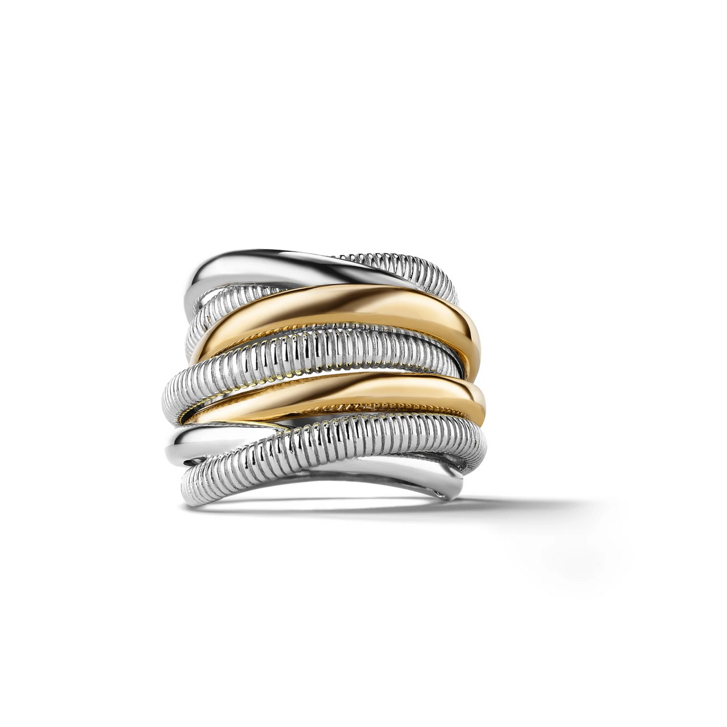 Judith Ripka Sterling Silver with 18k Yellow Gold Eternity Seven Band  Highway Ring, Size 7