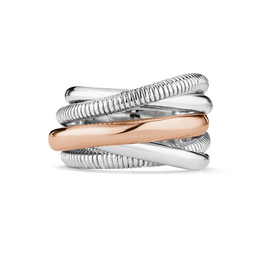 Judith Ripka Sterling Silver and 18K  Rose Gold, 5 Band Ring, Size 7.0