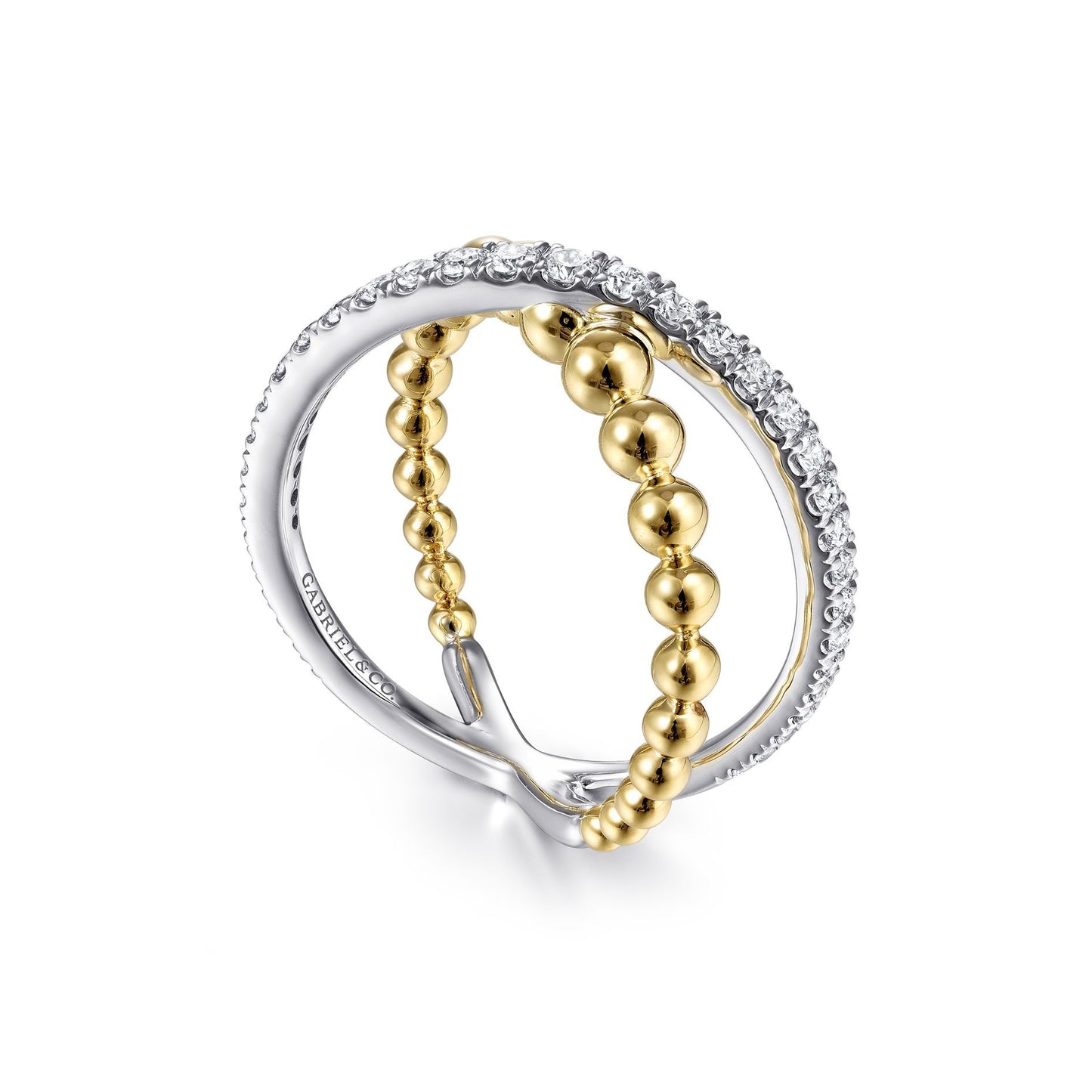 Gabriel 14K White-Yellow Gold Bujukan 0.39 Ct Diamond and Metal Bead Criss Cross Ring