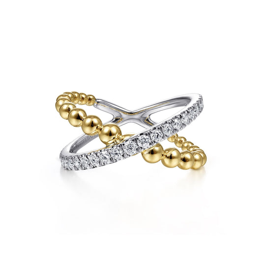Gabriel 14K White-Yellow Gold Bujukan 0.39 Ct Diamond and Metal Bead Criss Cross Ring