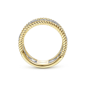 Gabriel 14K White-Yellow Gold 0.43 Ct Diamond Link and Twisted Rope Ring