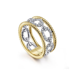 Gabriel 14K White-Yellow Gold 0.43 Ct Diamond Link and Twisted Rope Ring