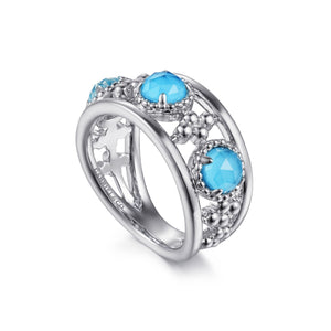 Gabriel Sterling Silver Rock Crystal and Turquoise Station Ring