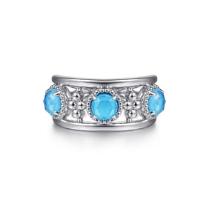 Gabriel Sterling Silver Rock Crystal and Turquoise Station Ring