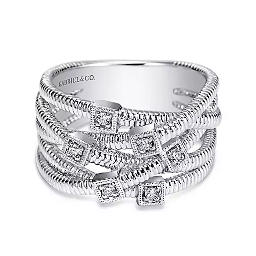 Gabriel Sterling Silver 0.07 Ct Diamond Criss Cross Ring, Available in Several Sizes