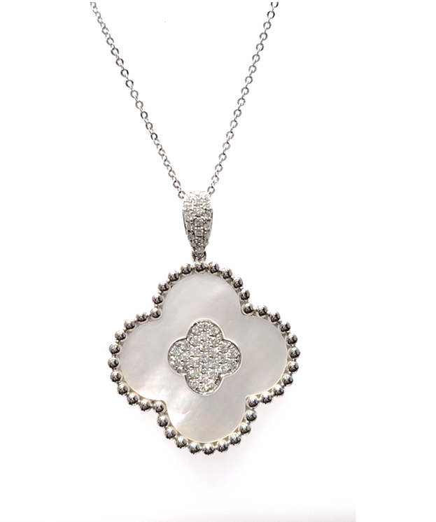 14k White Gold Mother of Pearl and 0.41Ct Diamond Clover Pendant