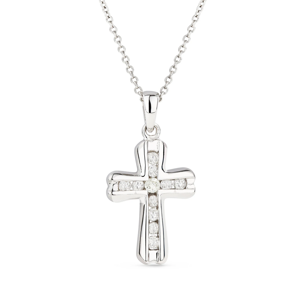 14k Gold 0.15Ct Diamond Cross Pendant, Available in White and Yellow Gold