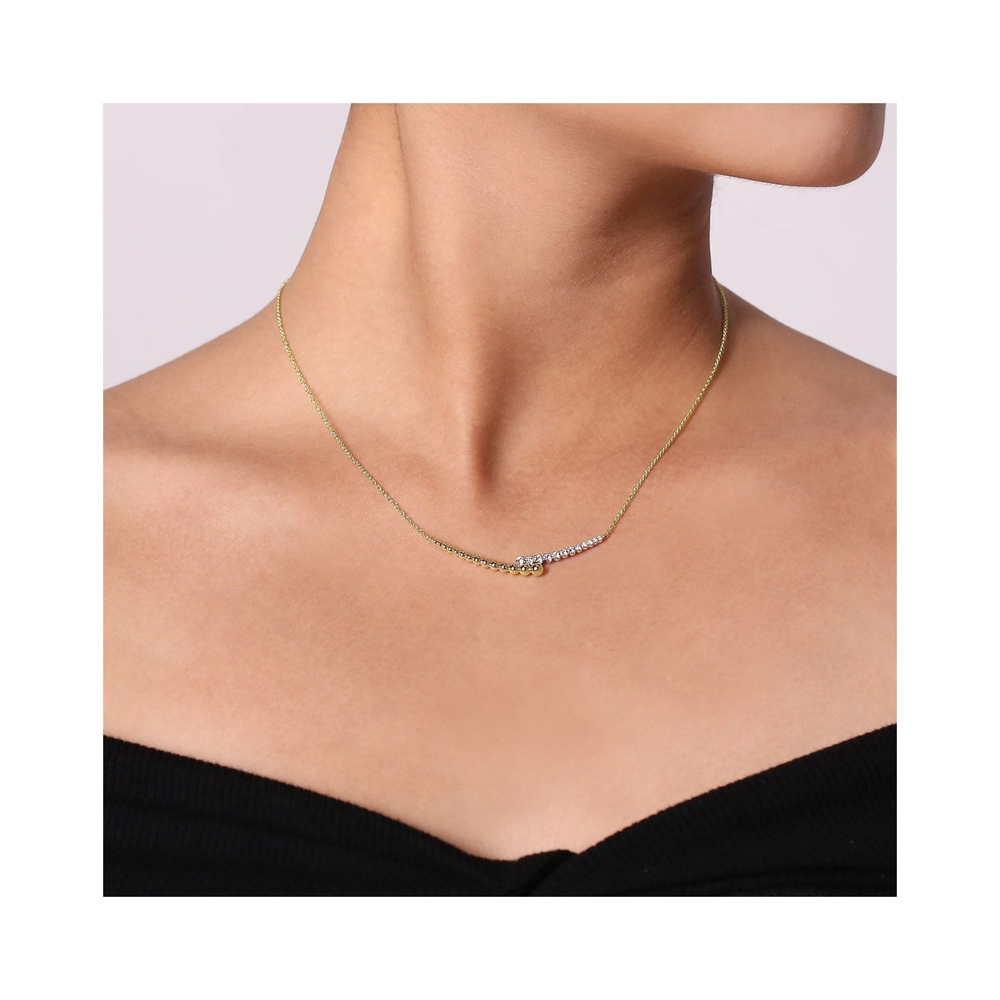 14K Yellow-White Gold 0.18 ct Diamond Pavé and Bujukan Bead Curved Bar Necklace