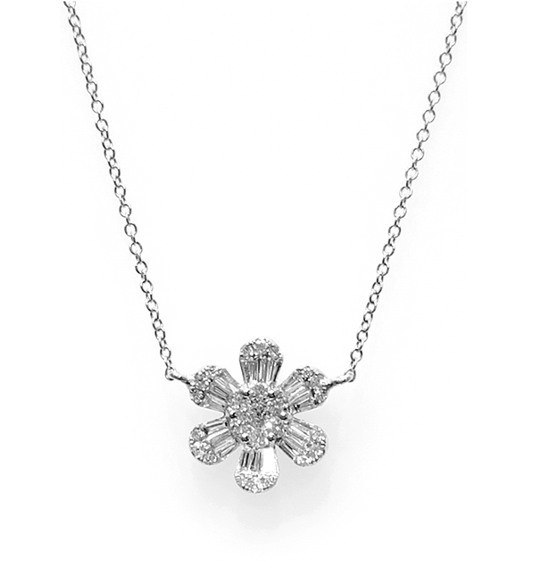 14k White Gold 0.57Ct Diamond Flower Necklace with Round and Baguette Diamonds