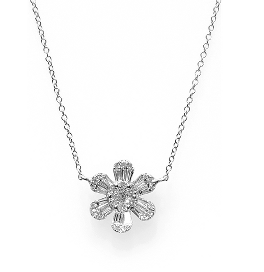 14k White Gold 0.57Ct Diamond Flower Necklace with Round and Baguette Diamonds