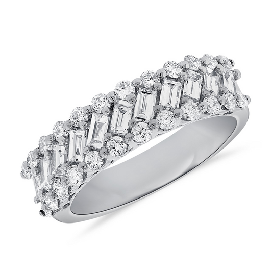 14K Gold 0.72Ct Baguette, 0.58Ct Round Diamond Band, available in White, Rose and Yellow Gold