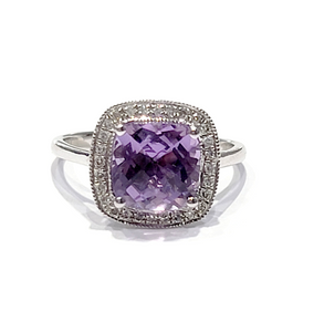 14k White Gold Amethyst and 0.09Ct Diamond Ring