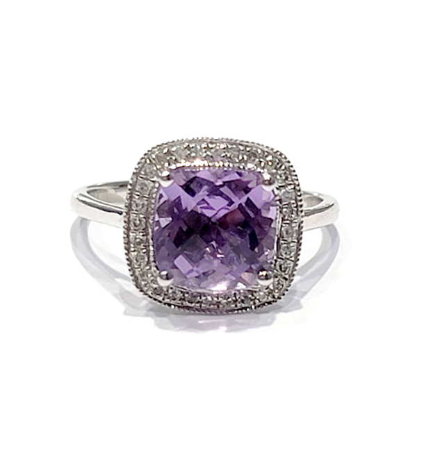 14k White Gold Amethyst and 0.09Ct Diamond Ring