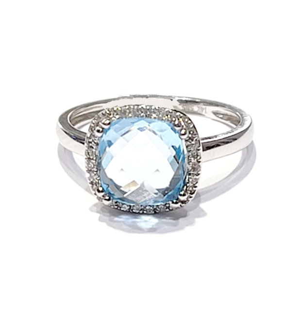 14k White Gold Blue Topaz and 0.10Ct Diamond Ring