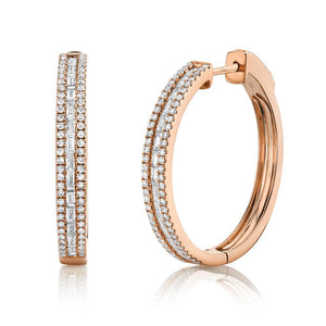 14k Gold Baguette and Round 0.89 ct diamond hoop earring, Available in White, Rose and Yellow Gold