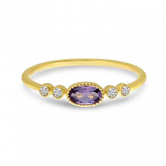 14k Yellow Gold Amethyst and 0.06 Ct Diamond Ring