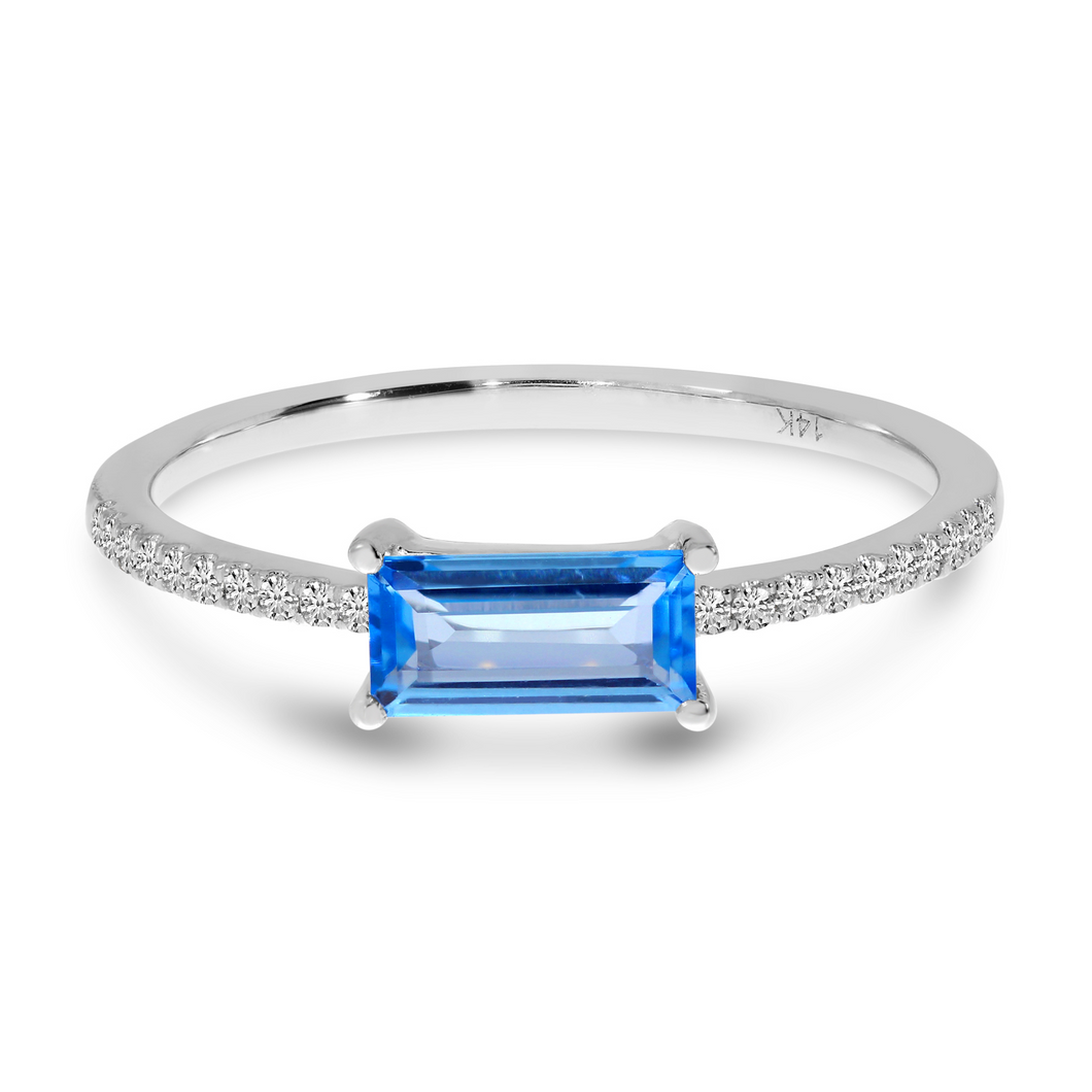 14k White Gold 0.62 Ct Blue Topaz, 0.08 Ct Diamond Ring