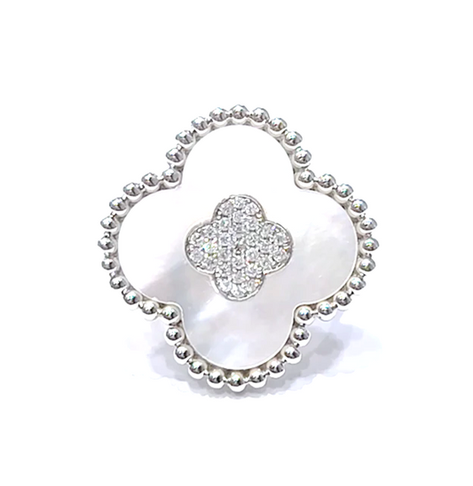 14k White Gold Mother of Pearl and 0.28Ct Diamond Clover Ring