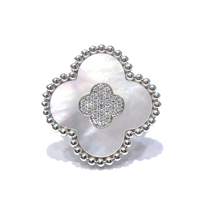 14k White Gold Mother of Pearl and 0.28Ct Diamond Clover Ring