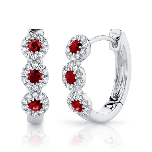 14k White Gold 0.29Ct Ruby, 0.15Ct Diamond Huggie Earring