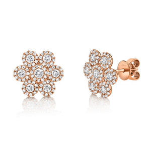 14k Gold 0.95Ct Diamond Flower Cluster Earring, Available in White, Rose and Yellow Gold