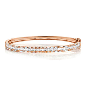 14k Baguette and Round 1.75 ct Diamond Bangle, Available in White, Rose and Yellow Gold