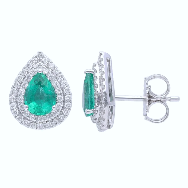 14k White Gold 1.20ct Emerald, 0.46ct Diamond Earring