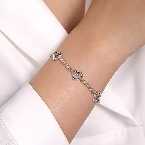 Gabriel Sterling Silver Heart Station Bracelet 7 Inch