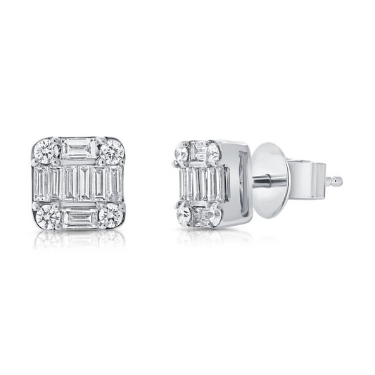 14k Gold 0.66Ct Baguette, 0.21Ct Round Diamond Earring, available in White, Rose and Yellow Gold
