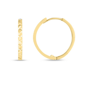 14k Yellow Gold Diamond Cut Round Huggie Hoops with Snap Clasp