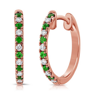 14k Gold 0.14Ct Emerald, 0.12Ct Diamond Hoop Earring, available in White, Rose and Yellow Gold