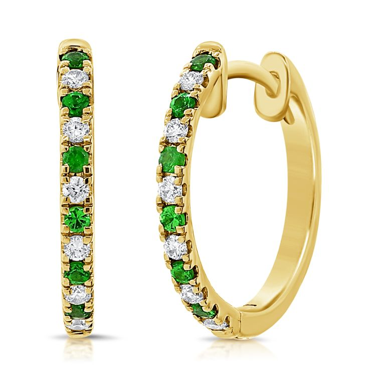 14k Gold 0.14Ct Emerald, 0.12Ct Diamond Hoop Earring, available in White, Rose and Yellow Gold