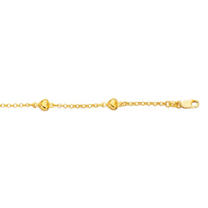 14k Yellow Gold 6" Bracelet with 5 puffed hearts