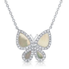 Load image into Gallery viewer, 14k Gold 0.58Ct Mother of Pearl, 0.15Ct Diamond Butterfly Necklace, available in White and Yellow Gold
