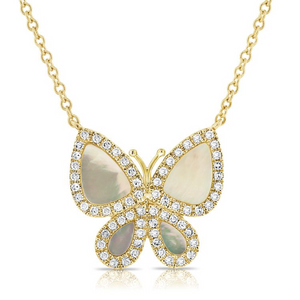 14k Gold 0.58Ct Mother of Pearl, 0.15Ct Diamond Butterfly Necklace, available in White and Yellow Gold