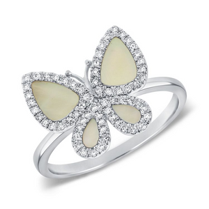 14k Gold 0.57Ct Mother of Pearl, 0.16Ct Diamond Butterfly Ring, available in White and Yellow Gold